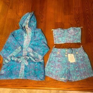 ANTHERIS GREEK DESIGNER 3 piece short set linen watercolors LUXURY beach party M